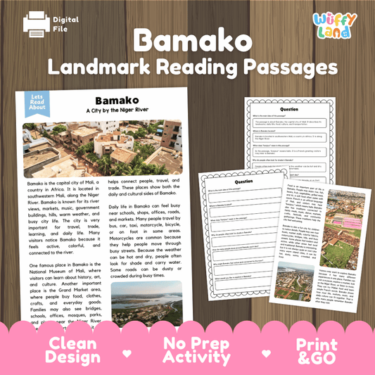 Bamako landmark reading passage and comprehension worksheet educational unit featuring nonfiction text and authentic Malian city and river photography