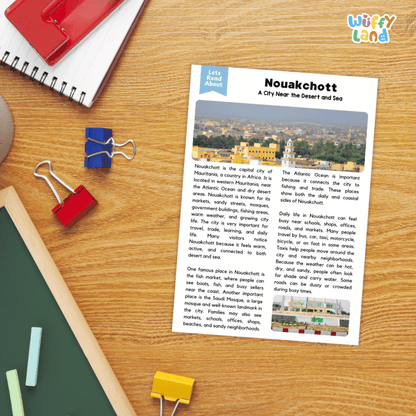 Lined reading comprehension question worksheet covering main ideas vocabulary terms and landmark facts about Bamako Mali