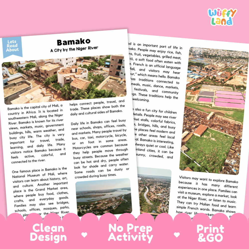 Reference sheet and answer key for Bamako landmark reading passage displaying completed comprehension answers and West African geography facts
