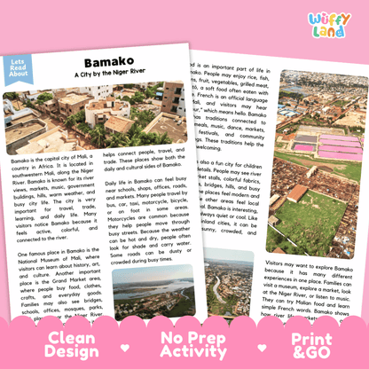 Reference sheet and answer key for Bamako landmark reading passage displaying completed comprehension answers and West African geography facts