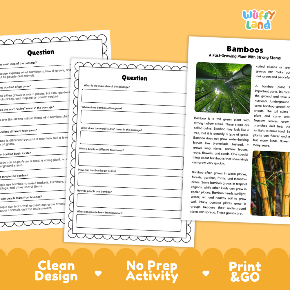 Printable reading passage detailing bamboo plants, hollow culms, fast growth, and groves