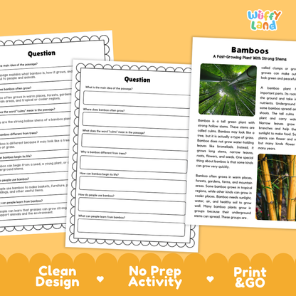 Printable reading passage detailing bamboo plants, hollow culms, fast growth, and groves