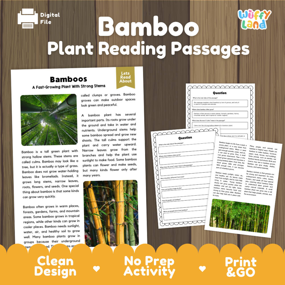 Bamboo plant reading passages cover showing printable reading texts, comprehension worksheets, and photographic visuals