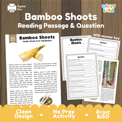 Bamboo shoots reading comprehension passage and questions printable activity pack with answer key for elementary students