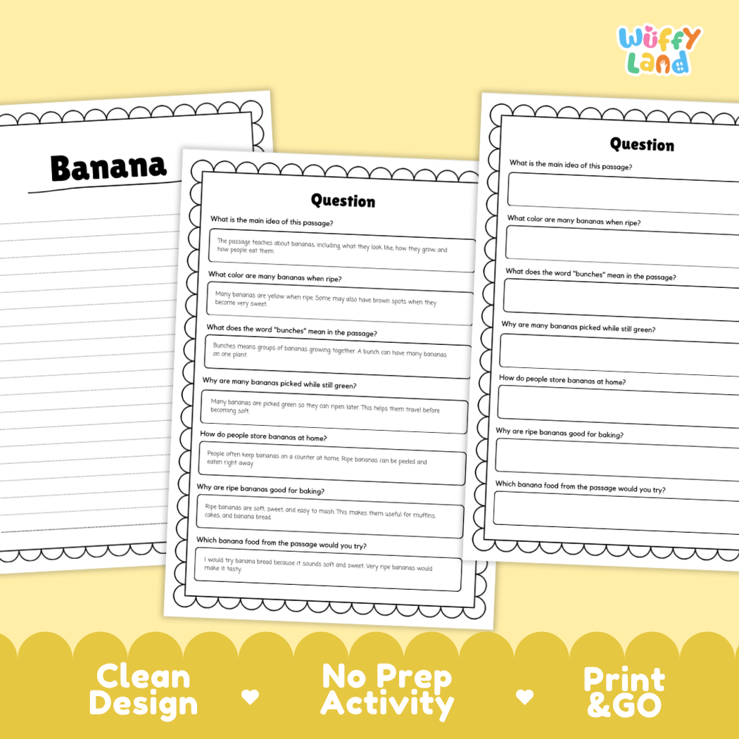 Informational reading passage page detailing the banana plant bunches yellow peel soft creamy pulp and ripening with photos