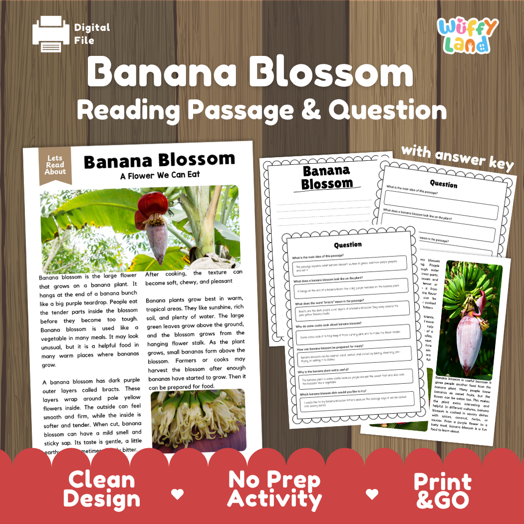 Banana blossom reading comprehension passage and questions printable activity pack with answer key for elementary students