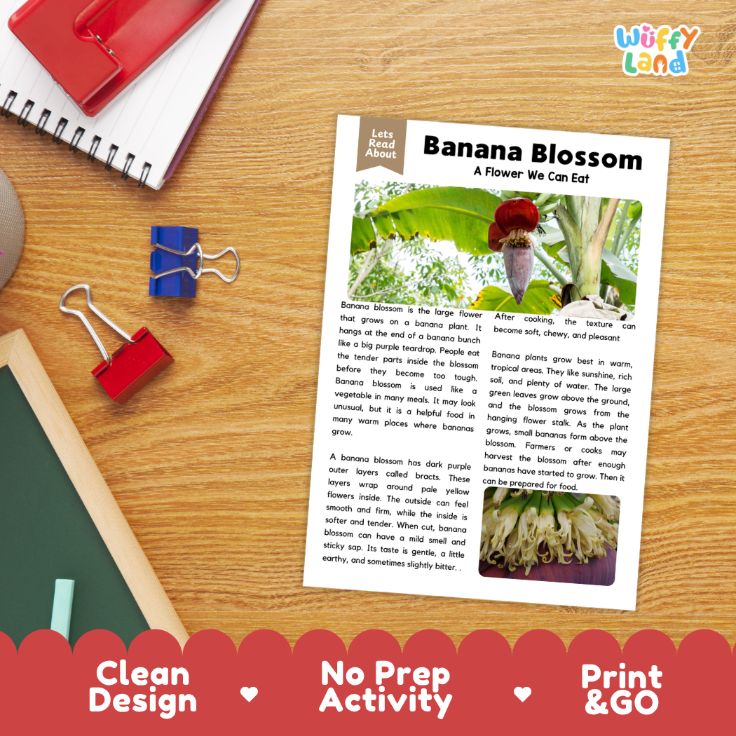 Student reading comprehension worksheet with short-answer questions and lined sections about banana blossoms