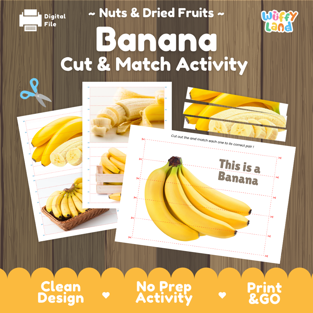 Banana cut and match activity cover showing printable fine motor puzzle sheets and fruit photographs