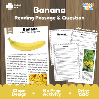 Banana reading comprehension passage and questions printable activity pack with answer key for elementary students