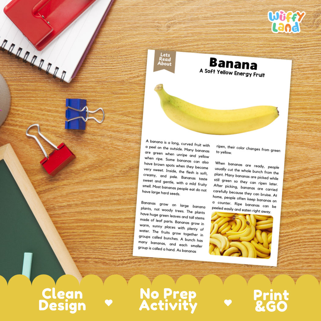 Student reading comprehension worksheet with short-answer questions and lined sections about the banana fruit