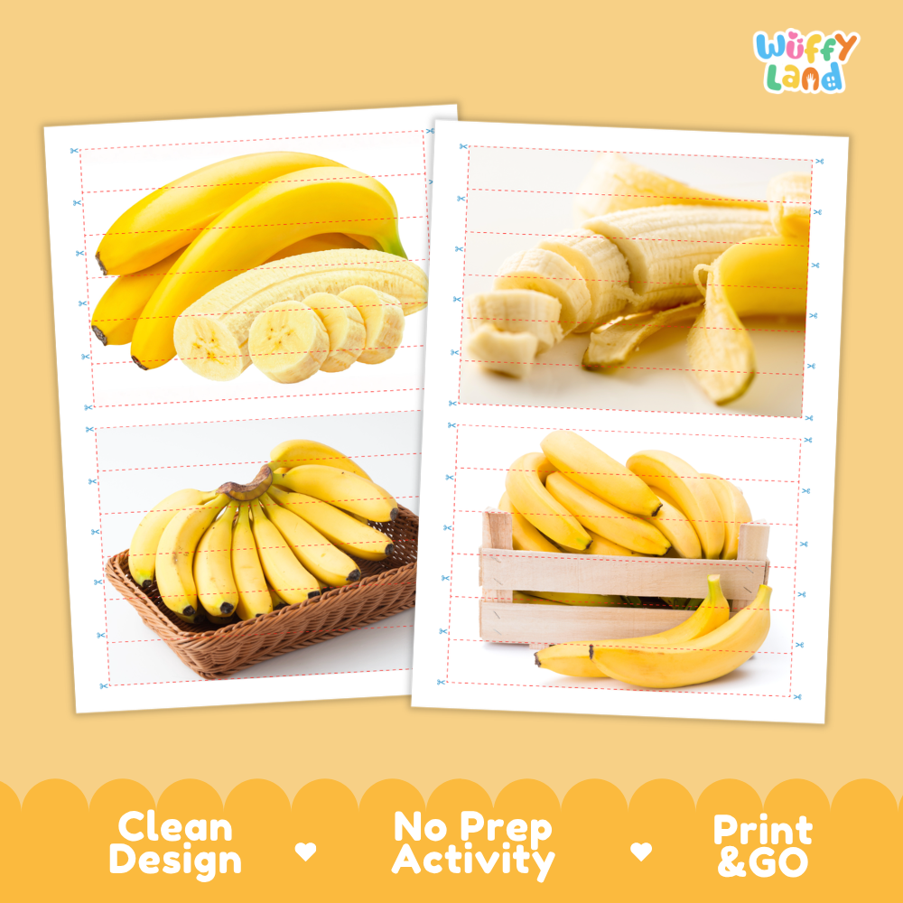 Printable activity sheets featuring photographic banana puzzle boards and cutting guides