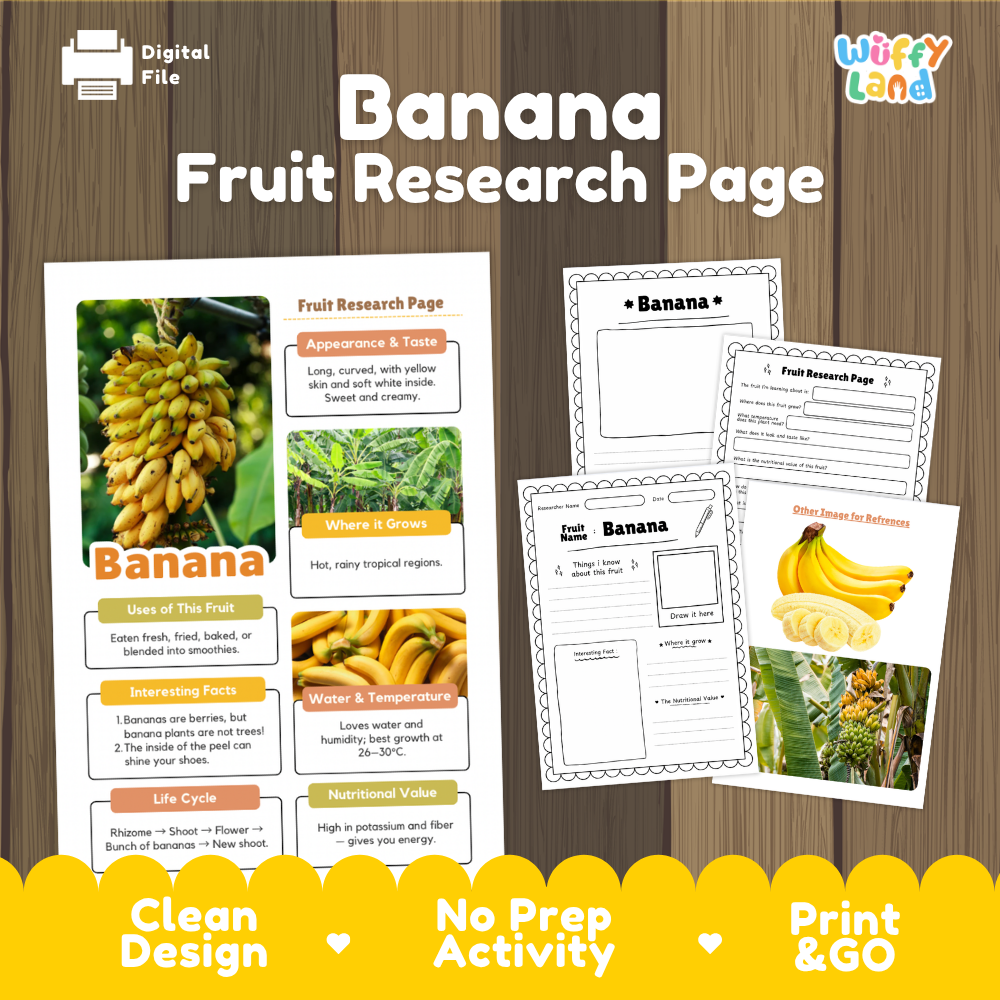 Digital preview of a banana fruit research page activity sheet set by Wiffly Land, displayed on a dark wood background with promotional text and sample pages.