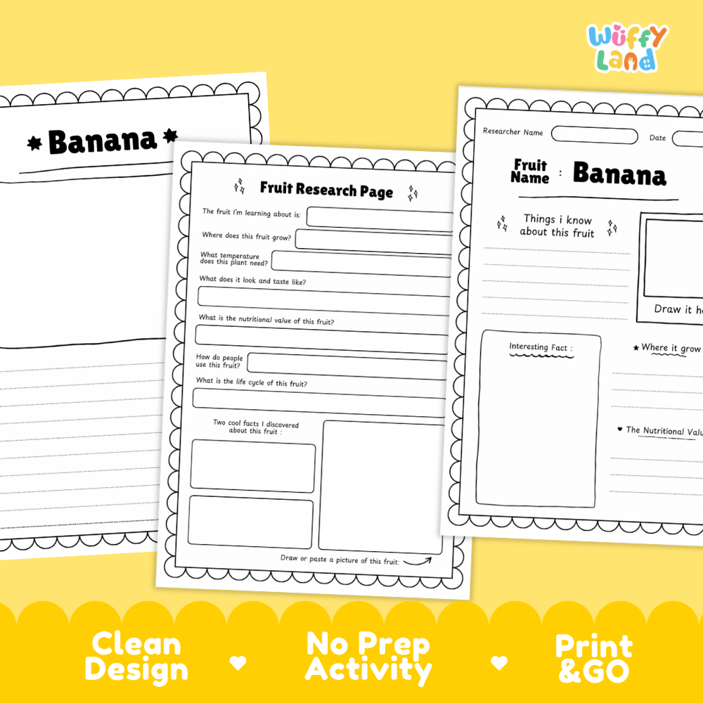 Three printable worksheet pages for fruit research are shown on a yellow background with promotional text at the bottom. The pages are labeled Banana and include writing sections, a fruit photo box, and fact boxes.