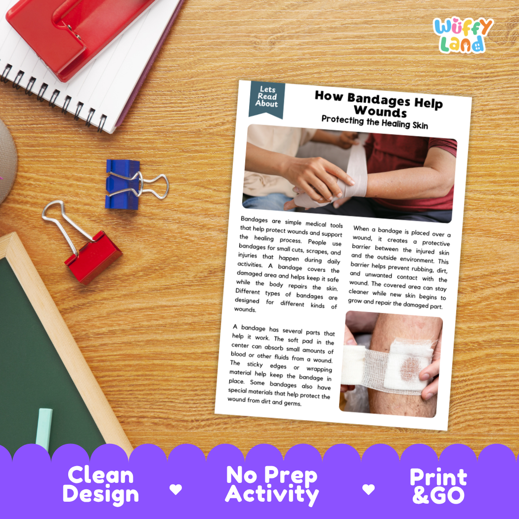 Printable student worksheet with short-answer reading comprehension questions covering bandages and first aid