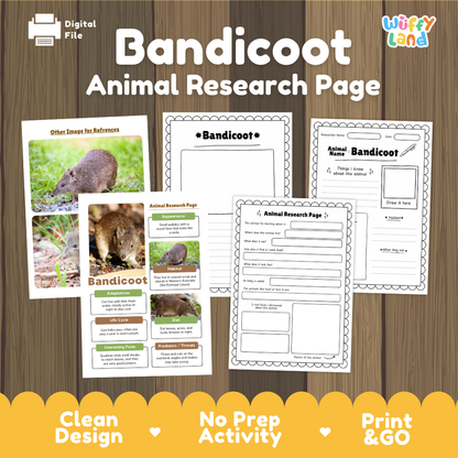 Digital preview of a Bandicoot Animal Research Page activity sheet set by Wiffly Land, displayed on a wood-grain background with promotional text and feature badges.
