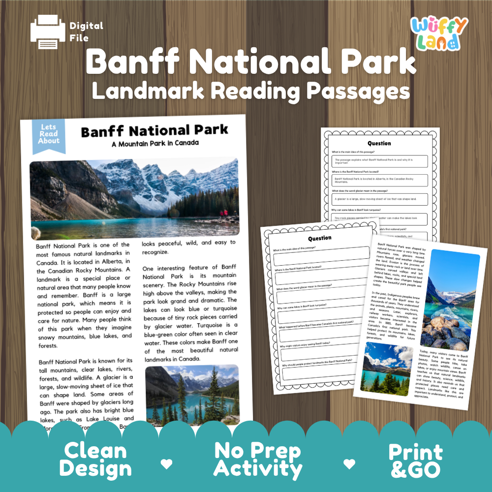 Digital reading activity bundle for Banff National Park featuring a landscape reading passage, a worksheet with questions, and a second page with scenic images and text. The product is presented on a dark wood background with 'Digital File' and 'Wiffly Land' branding.