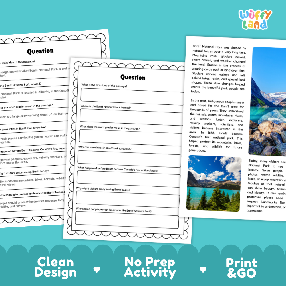 Three printable educational worksheet pages about Barrie National Park are shown on a teal patterned background. The pages include a question header, a short reading passage with a landscape photo, and a comprehension question.