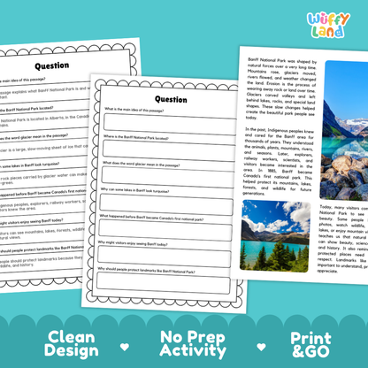 Three printable educational worksheet pages about Barrie National Park are shown on a teal patterned background. The pages include a question header, a short reading passage with a landscape photo, and a comprehension question.