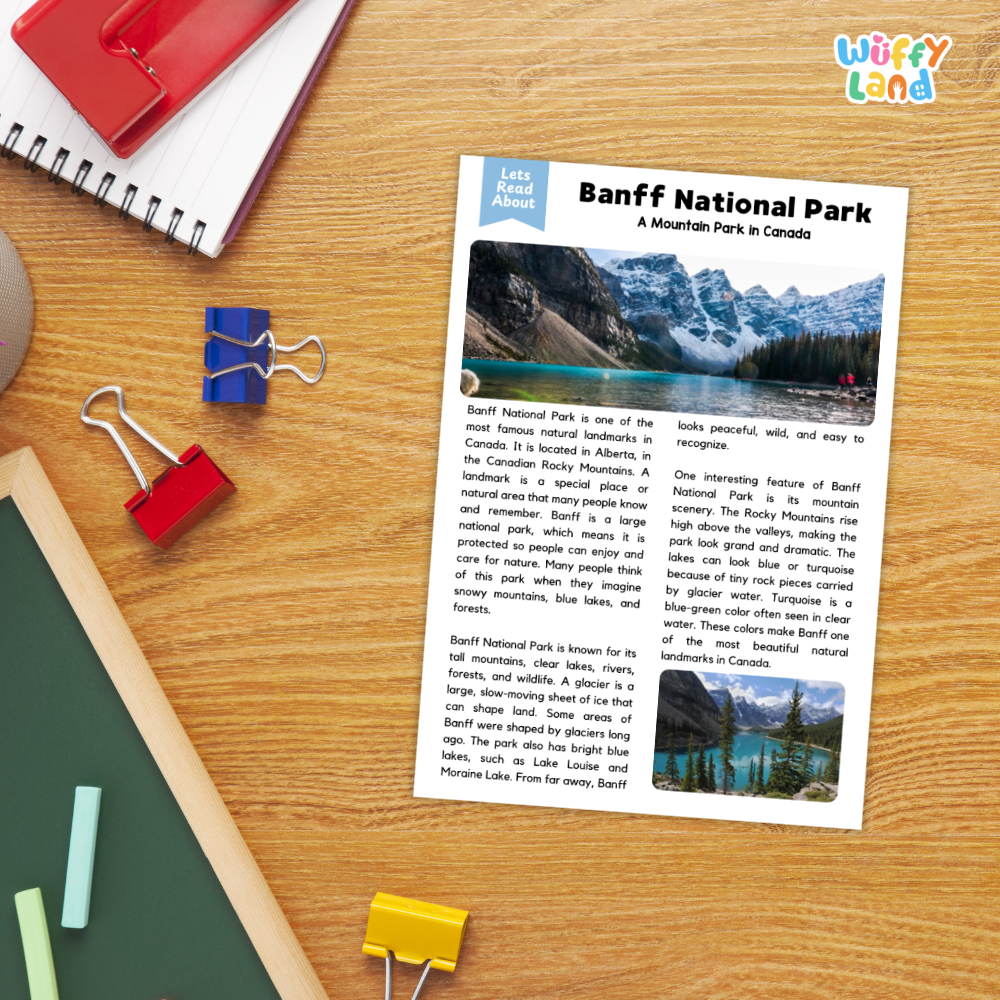 A printed educational worksheet about Banff National Park lies on a wooden desk, surrounded by school supplies including a spiral notebook, red and blue binder clips, a green folder, and a yellow paperclip. The worksheet has a blue header reading 'Let's Read About' and the title 'Banff National Park'.
