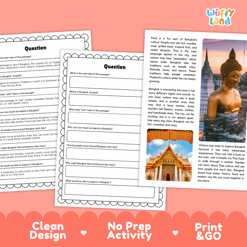 Student reading passage titled A Colorful City by Water detailing Bangkok Thailand Grand Palace Wat Arun Chao Phraya River and city photography