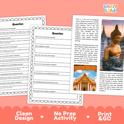 Student reading passage titled A Colorful City by Water detailing Bangkok Thailand Grand Palace Wat Arun Chao Phraya River and city photography