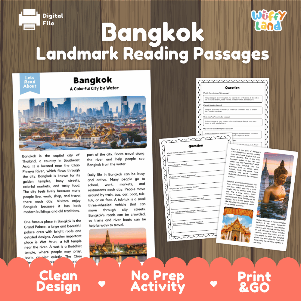 Bangkok landmark reading passage and comprehension worksheet educational unit featuring nonfiction text and authentic Thai temple architecture photography