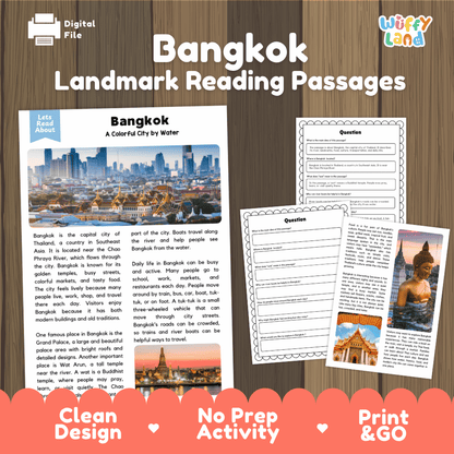 Bangkok landmark reading passage and comprehension worksheet educational unit featuring nonfiction text and authentic Thai temple architecture photography