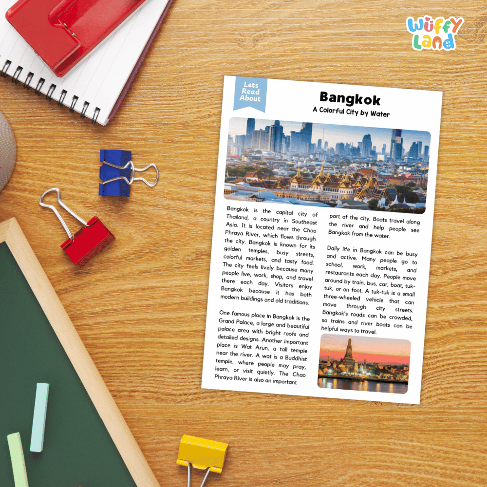 Lined reading comprehension question worksheet covering main ideas vocabulary terms and landmark facts about Bangkok Thailand