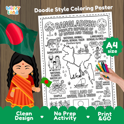 Bangladesh country study doodle style coloring poster printable page featuring map, Royal Bengal Tiger, and cultural symbols