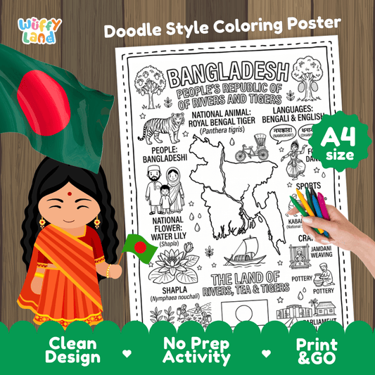 Bangladesh country study doodle style coloring poster printable page featuring map, Royal Bengal Tiger, and cultural symbols