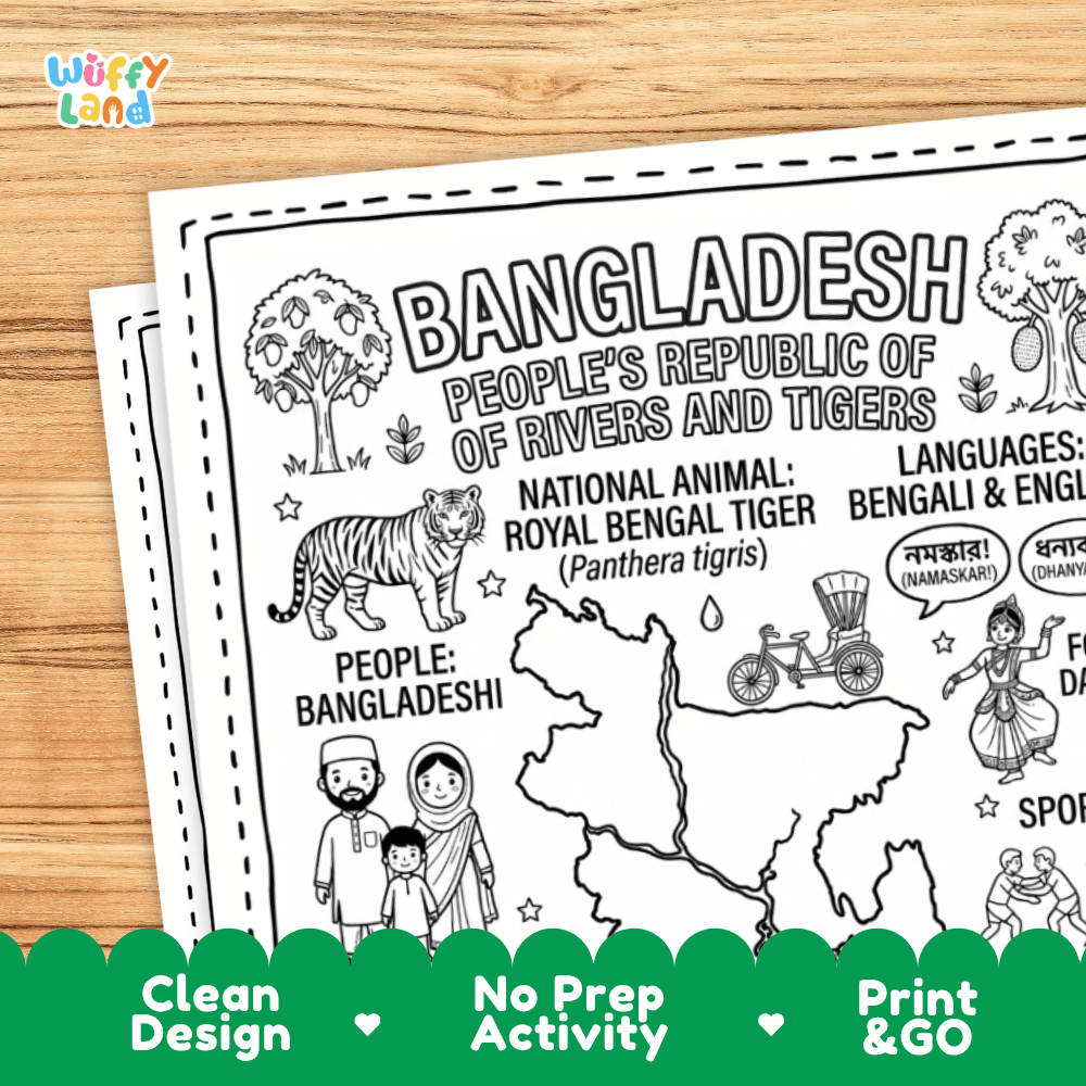 Cultural coloring page featuring traditional Bangladeshi sari attire, Kabaddi sport, Jamdani weaving, pottery, and Namaskar greeting