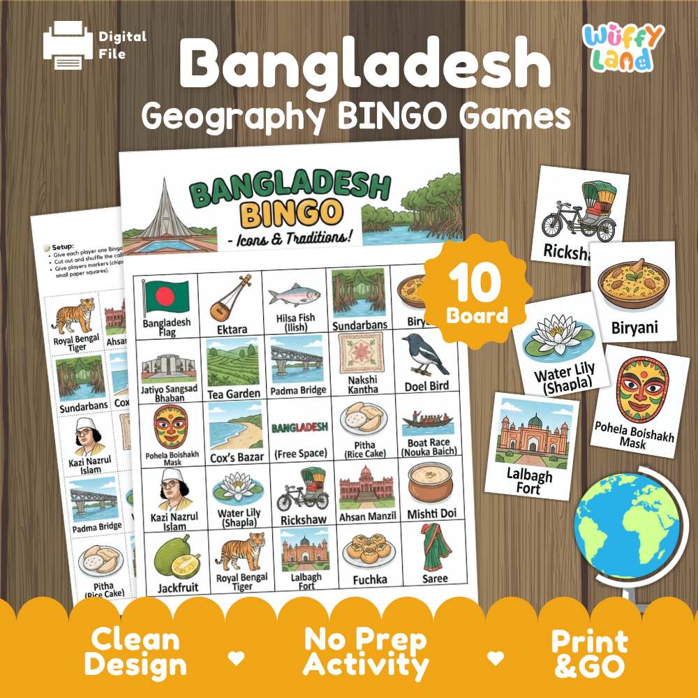 Bangladesh geography BINGO games cover showing 10 boards featuring Royal Bengal Tiger Ektara Hilsa fish and Sundarbans