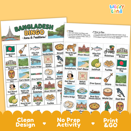 Printable Bangladesh BINGO board with grid spaces showing flag Ektara Hilsa fish Sundarbans and Biryani