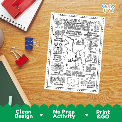 Doodle map coloring sheet showing Bangladesh rivers, tea gardens, cycle rickshaw, and National Parliament building