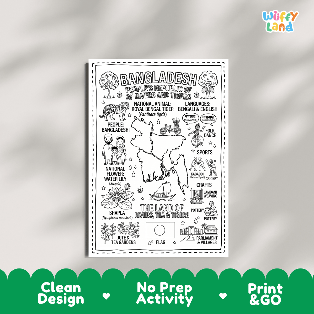 Educational activity coloring page highlighting Bangladesh Royal Bengal Tiger Panthera tigris, Water Lily Shapla flower, and national flag