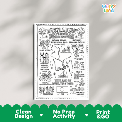 Educational activity coloring page highlighting Bangladesh Royal Bengal Tiger Panthera tigris, Water Lily Shapla flower, and national flag