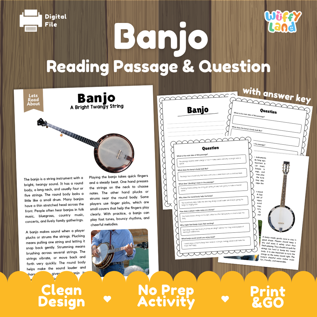 Banjo reading comprehension passage and questions printable activity pack with answer key for elementary students