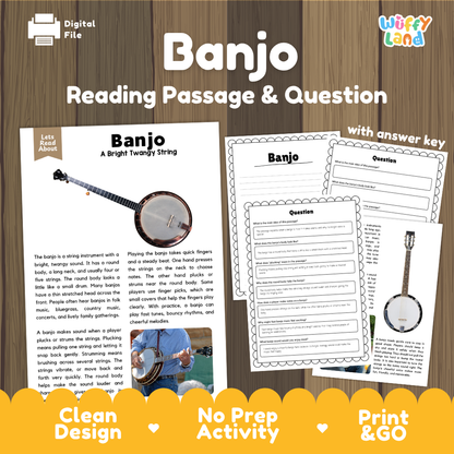 Banjo reading comprehension passage and questions printable activity pack with answer key for elementary students