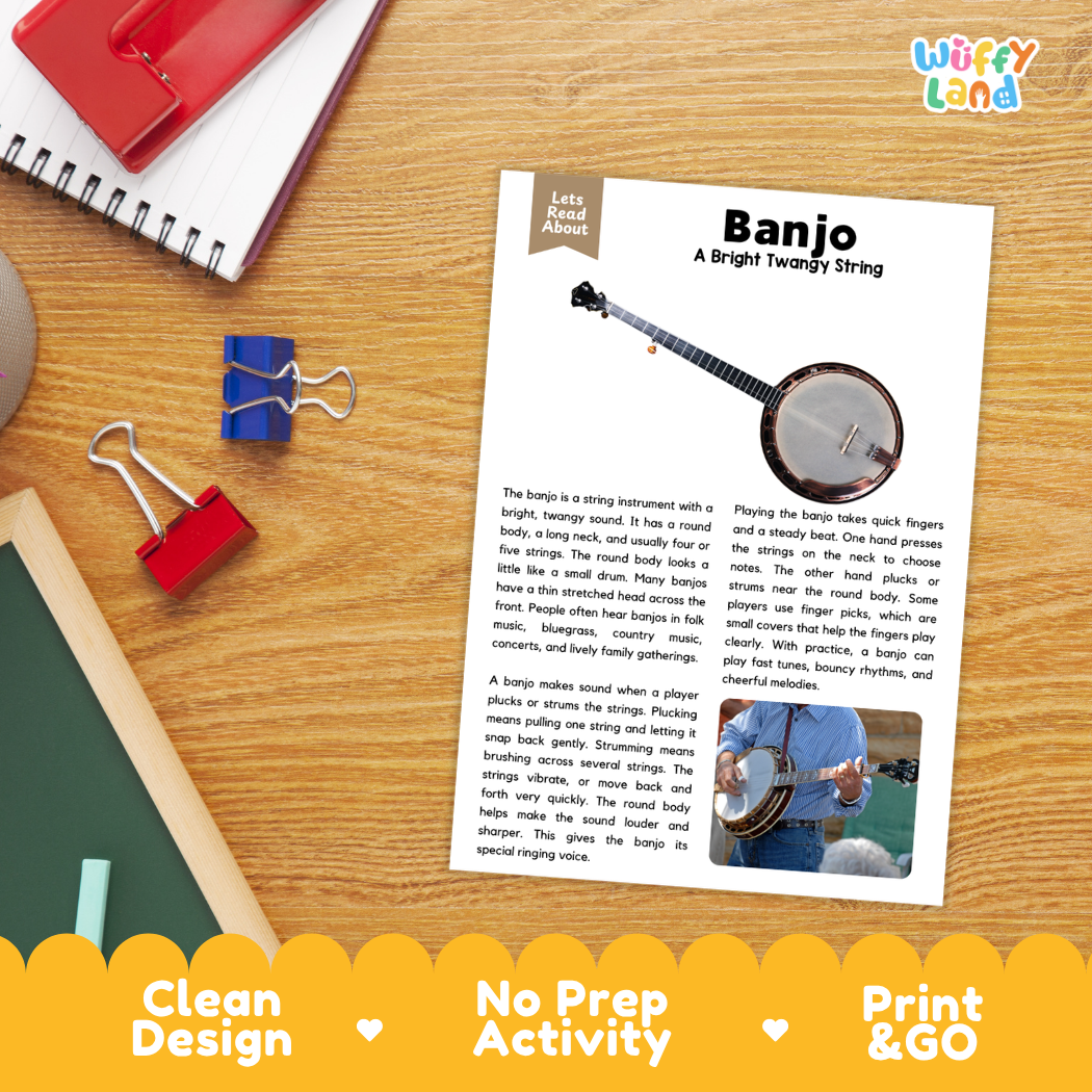 Student reading comprehension worksheet with short-answer questions and lined sections about the banjo instrument