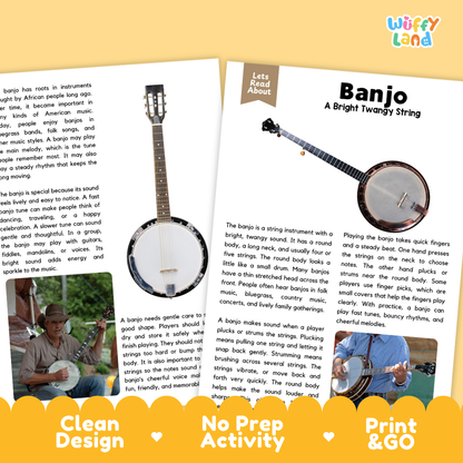 Teacher answer key page showing complete question solutions for Banjo music education reading comprehension practice