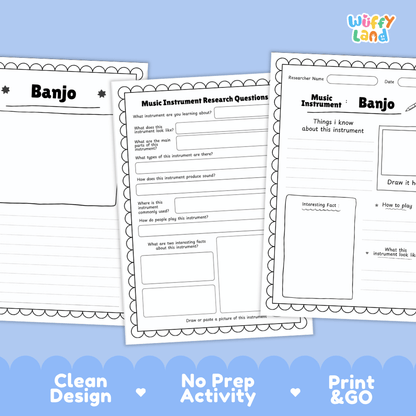 Banjo Music Research Page Worksheets and Fact Sheet