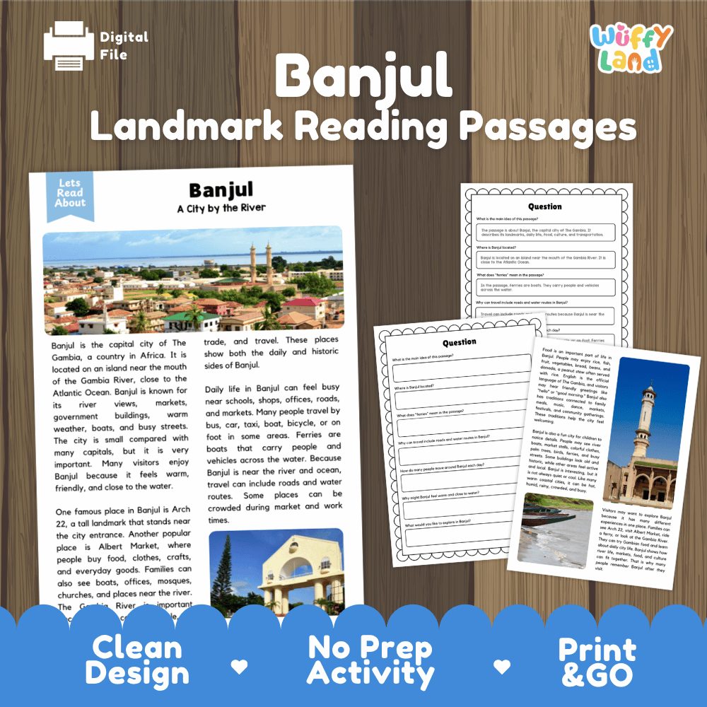 Banjul landmark reading passage and comprehension worksheet educational unit featuring nonfiction text and authentic Gambian cityscape and Arch 22 photography