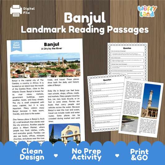 Banjul landmark reading passage and comprehension worksheet educational unit featuring nonfiction text and authentic Gambian cityscape and Arch 22 photography