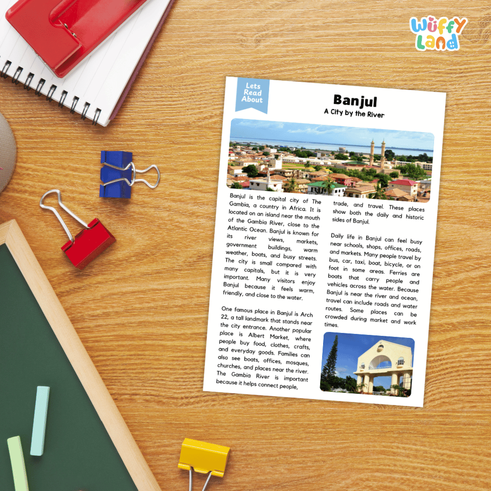 Lined reading comprehension question worksheet covering main ideas vocabulary terms and landmark facts about Banjul The Gambia
