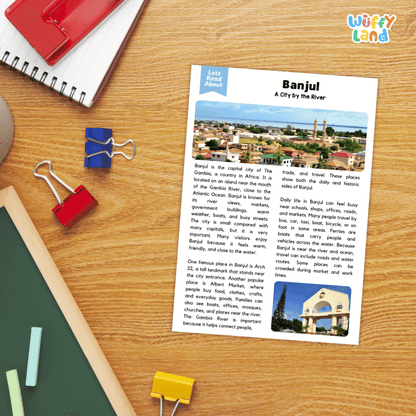 Lined reading comprehension question worksheet covering main ideas vocabulary terms and landmark facts about Banjul The Gambia