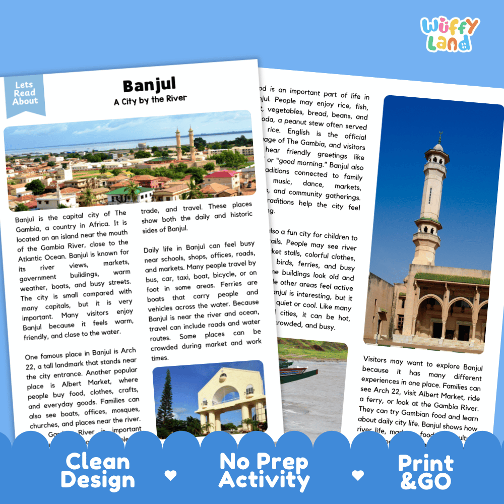 Reference sheet and answer key for Banjul landmark reading passage displaying completed comprehension answers and West African geography facts