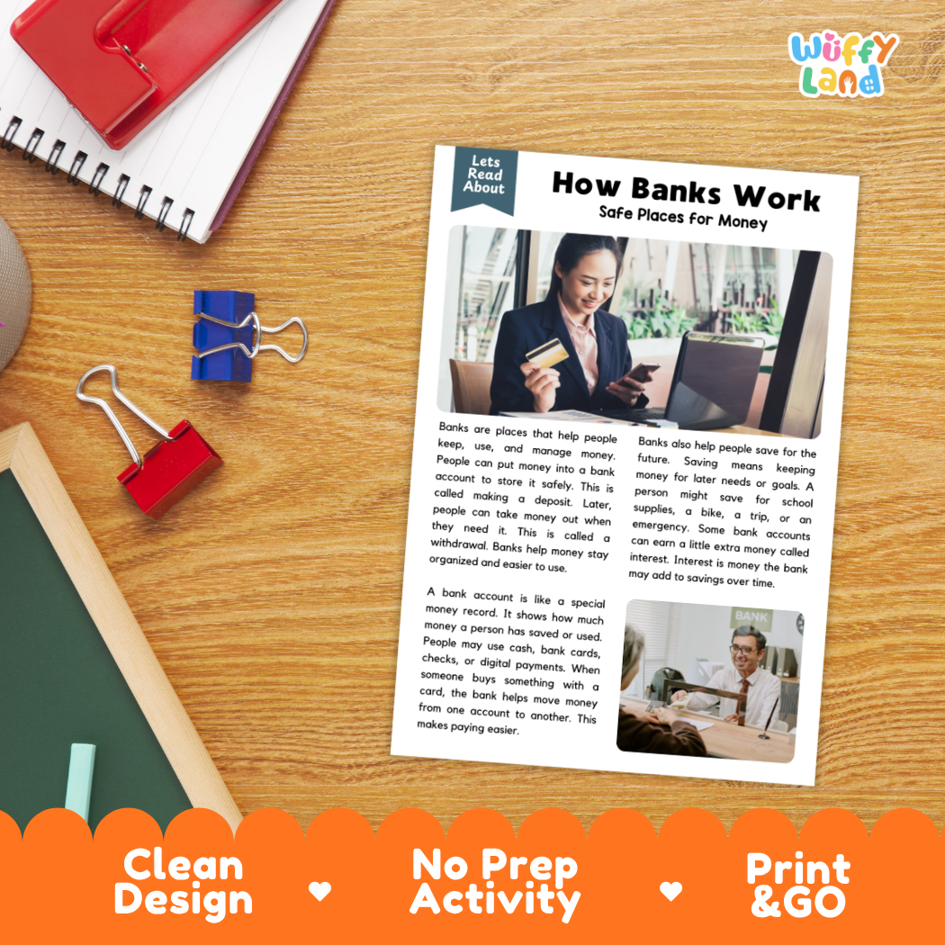 Printable student worksheet with short-answer reading comprehension questions covering banks and financial literacy