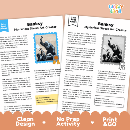 Banksy art history reading comprehension activity with biography passage, questions and writing practice for classroom and homeschool learning
