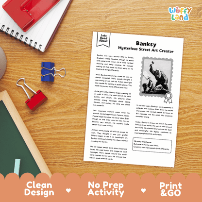 Banksy artist biography printable featuring a nonfiction reading passage, student worksheets and comprehension activities about street art