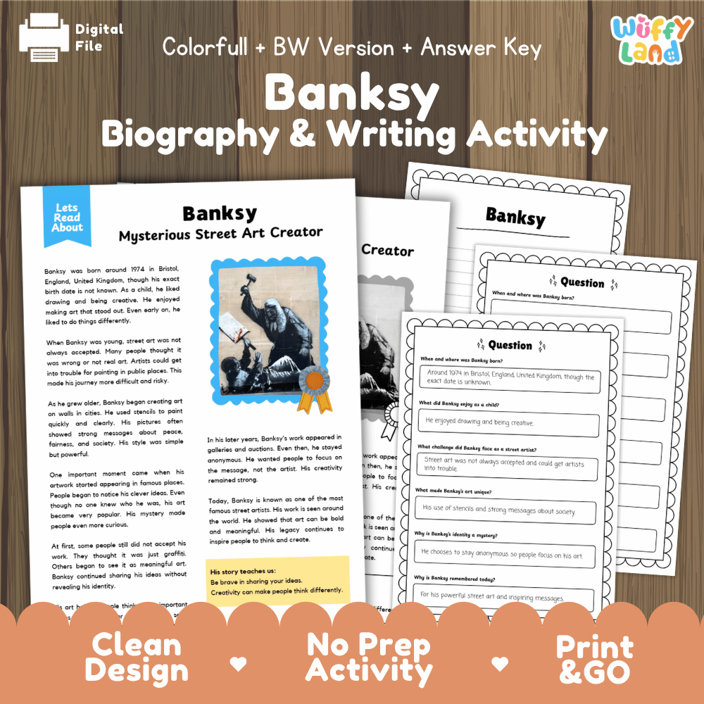 Banksy biography reading comprehension worksheets with informational passage, questions, writing activity and answer key for students